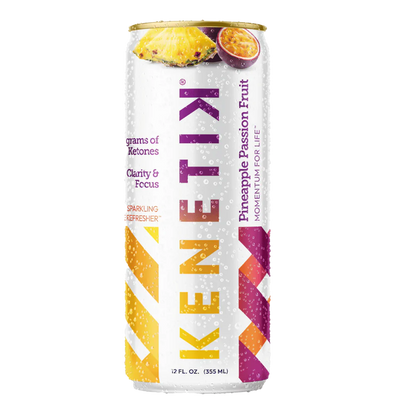 KenetiK Ketone Drink by OHP Health in Pineapple Passion Fruit flavor, 12 fl oz, showcases a vibrant geometric design and highlights its bioidentical ketones for focus benefits. Certified ketogenic and designed for brain boosting.