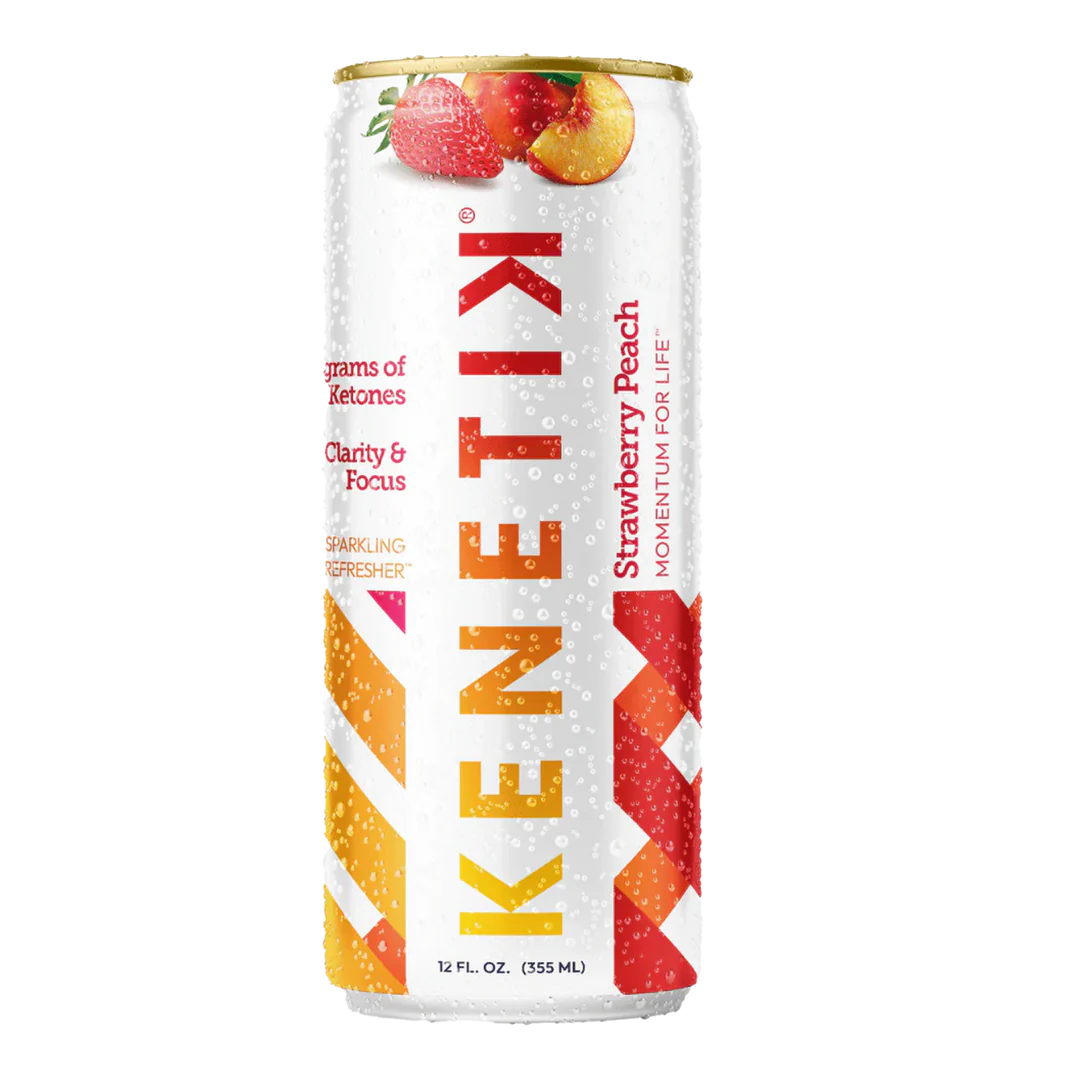 The OHP Health KenetiK Ketone Drink is a ketogenic certified bioidentical ketone beverage, providing brain-boosting benefits in every 12 fl oz (355 ml). The tall can, designed with a white background and red/orange geometric patterns, features a sparkling strawberry peach flavor.