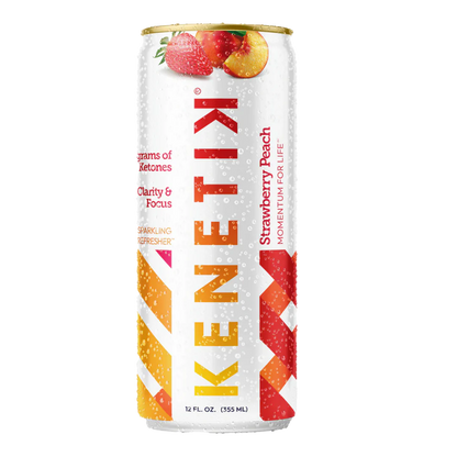 The OHP Health KenetiK Ketone Drink is a ketogenic certified bioidentical ketone beverage, providing brain-boosting benefits in every 12 fl oz (355 ml). The tall can, designed with a white background and red/orange geometric patterns, features a sparkling strawberry peach flavor.