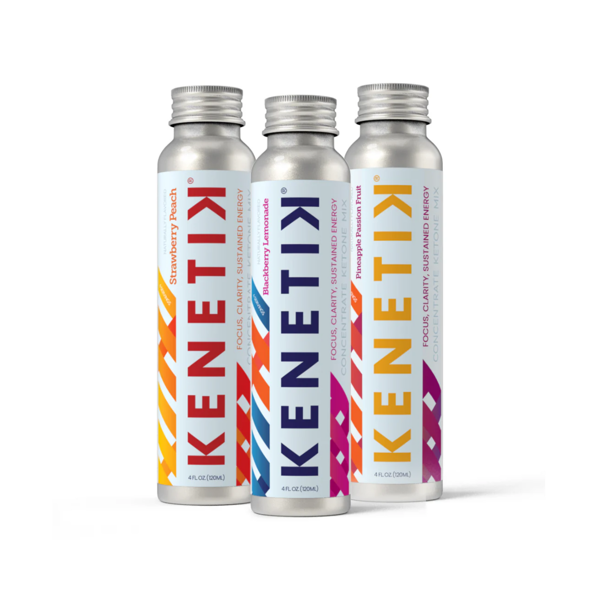 Three bottles of OHP Health by Longevity Labs Inc.'s KenetiK Ketone Drink in metallic containers. Flavors visible are Strawberry Peach, Blood Orange Lime, and Blackberry Lemonade. Each bottle features a unique colorful pattern and is designed to offer sustained energy and brain-boosting benefits.