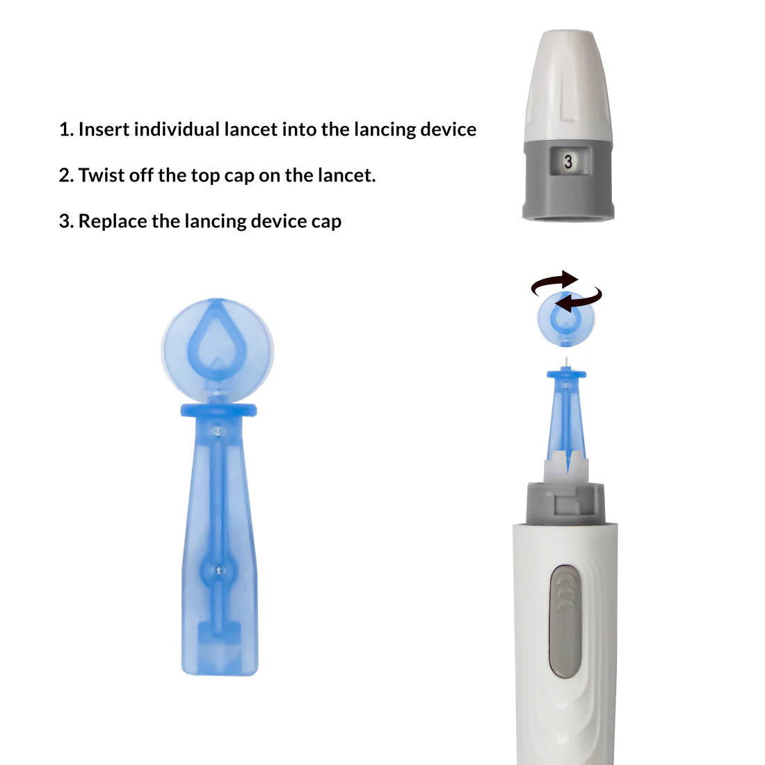 A Universal Lancet from OHP Health is inserted into a white lancing device, then the lancet cap is twisted off and the lancing device cap replaced, following proper use instructions.