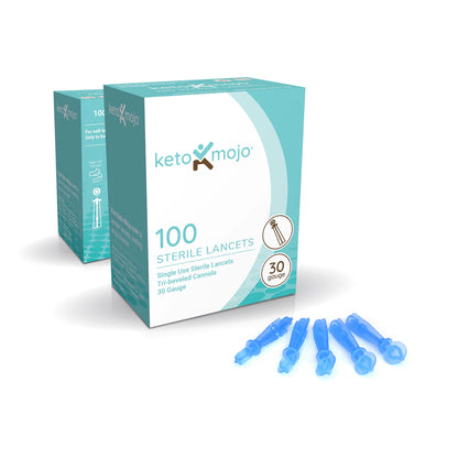 Two boxes of OHP Health Universal Lancets 100ct with five blue lancets in front; packaging specifies 30 gauge and single-use.