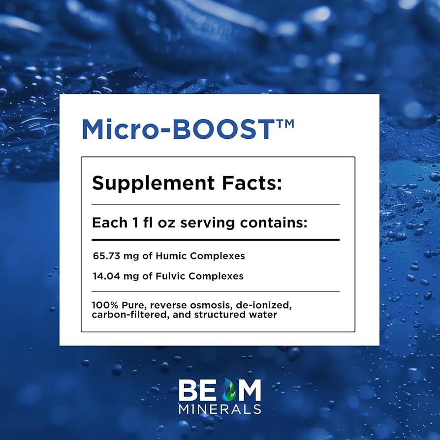 A supplement facts label for Micro-BOOST by OHP Health lists humic and fulvic complex amounts per 1 fl oz serving, with purification methods shown below and the OHP Health logo at the bottom.