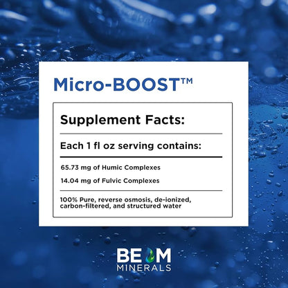 A supplement facts label for Micro-BOOST by OHP Health lists humic and fulvic complex amounts per 1 fl oz serving, with purification methods shown below and the OHP Health logo at the bottom.