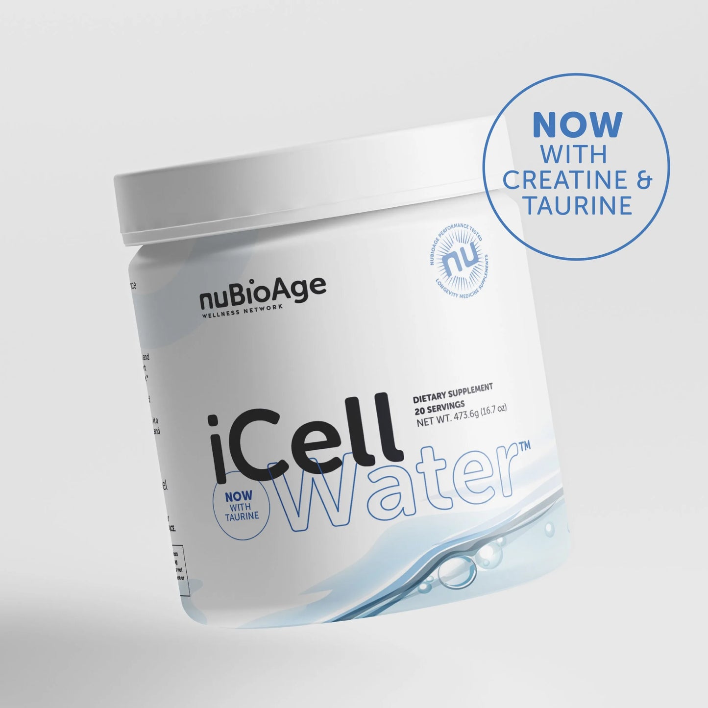 A white container labeled "iCell Water" dietary supplement by OHP Health features a blue circular label stating "Now with Creatine & Taurine" for improved cell hydration.