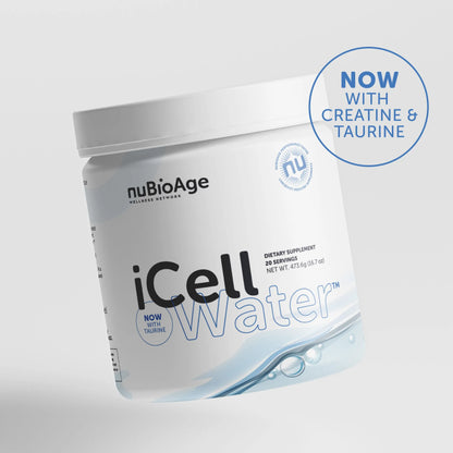 A white container labeled "iCell Water" dietary supplement by OHP Health features a blue circular label stating "Now with Creatine & Taurine" for improved cell hydration.