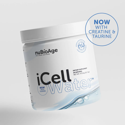 A white container labeled "iCell Water" dietary supplement by OHP Health features a blue circular label stating "Now with Creatine & Taurine" for improved cell hydration.