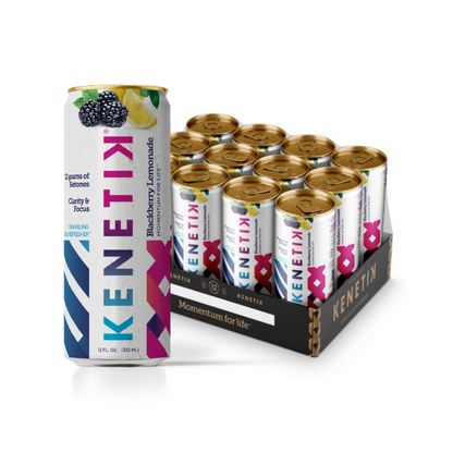 A can of KenetiK Ketone Drink by OHP Health, a bioidentical ketone beverage, is displayed next to a cardboard tray containing multiple cans. The can's design features images of fruit and branding text that emphasize its brain-boosting benefits and certification for ketogenic compatibility.