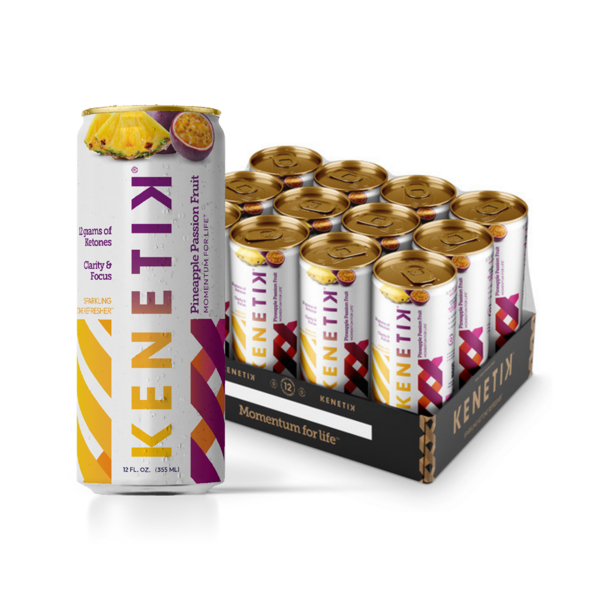 A pack of OHP Health by Longevity Labs Inc. Kenetic Ketone Drink cans with one can standing upright in front of the others.