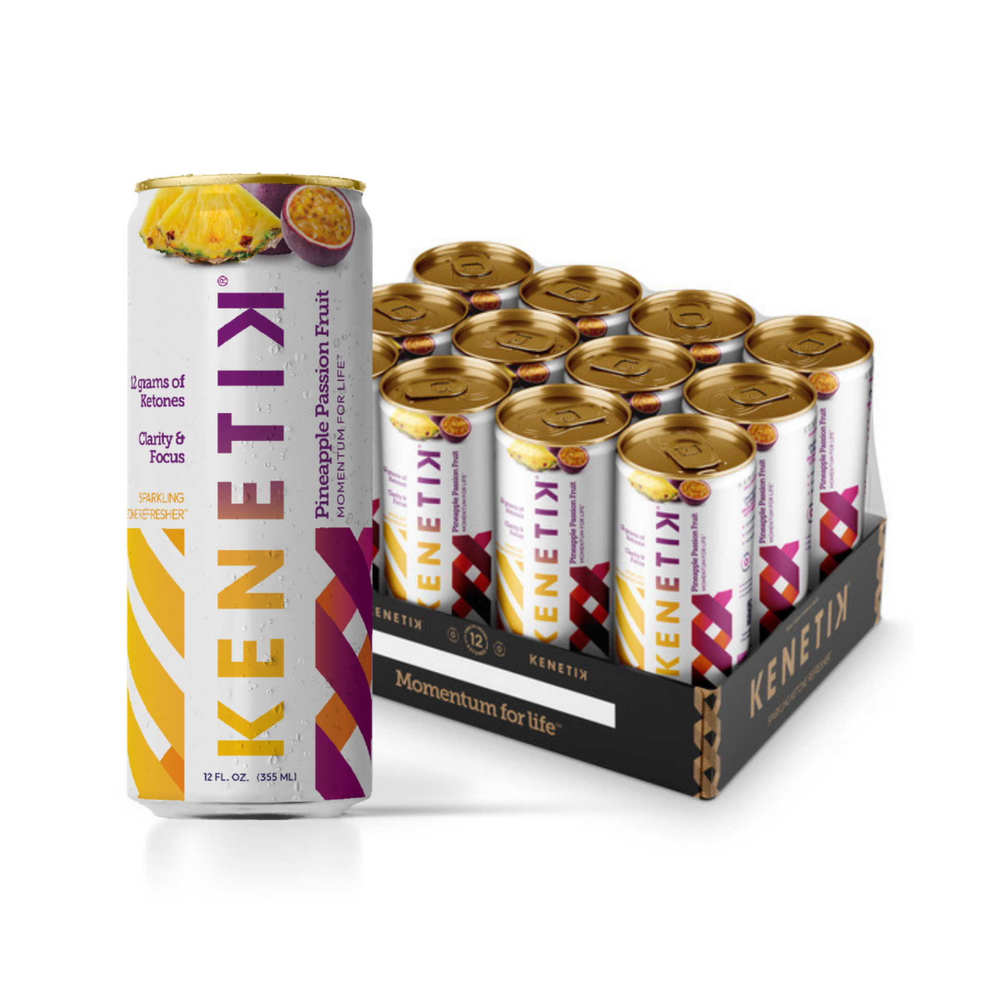 A can of KenetiK Ketone Drink, from the brand OHP Health by Longevity Labs Inc. and celebrated for its brain-boosting benefits and sustained energy, is displayed next to a 12-pack carton of the same product.