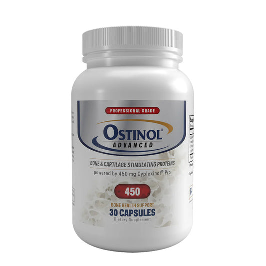 ZyCal Bioceuticals Ostinol Advanced 450 | 30 count is a bone and cartilage supplement with 450 mg Cyplexinol Pro per capsule for bone, cartilage support, and joint discomfort relief.
