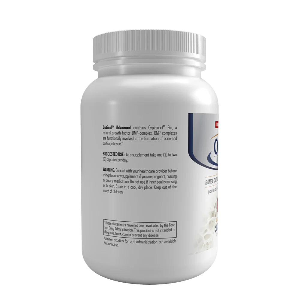 White plastic bottle with a white lid displays details for Ostinol Advanced 450 by ZyCal Bioceuticals. Supports bone and cartilage health, relieves joint discomfort; suggested use and warnings are clearly printed. Contains 30 capsules.