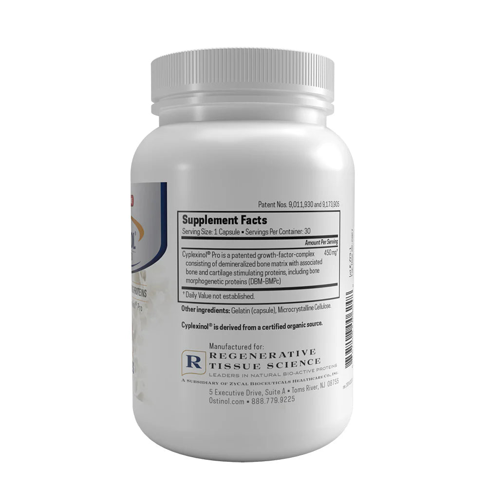 A white bottle labeled "Ostinol Advanced 450" by ZyCal Bioceuticals, featuring supplement facts and manufacturer information on the back, formulated to support bone and cartilage health. Contains 30 capsules.