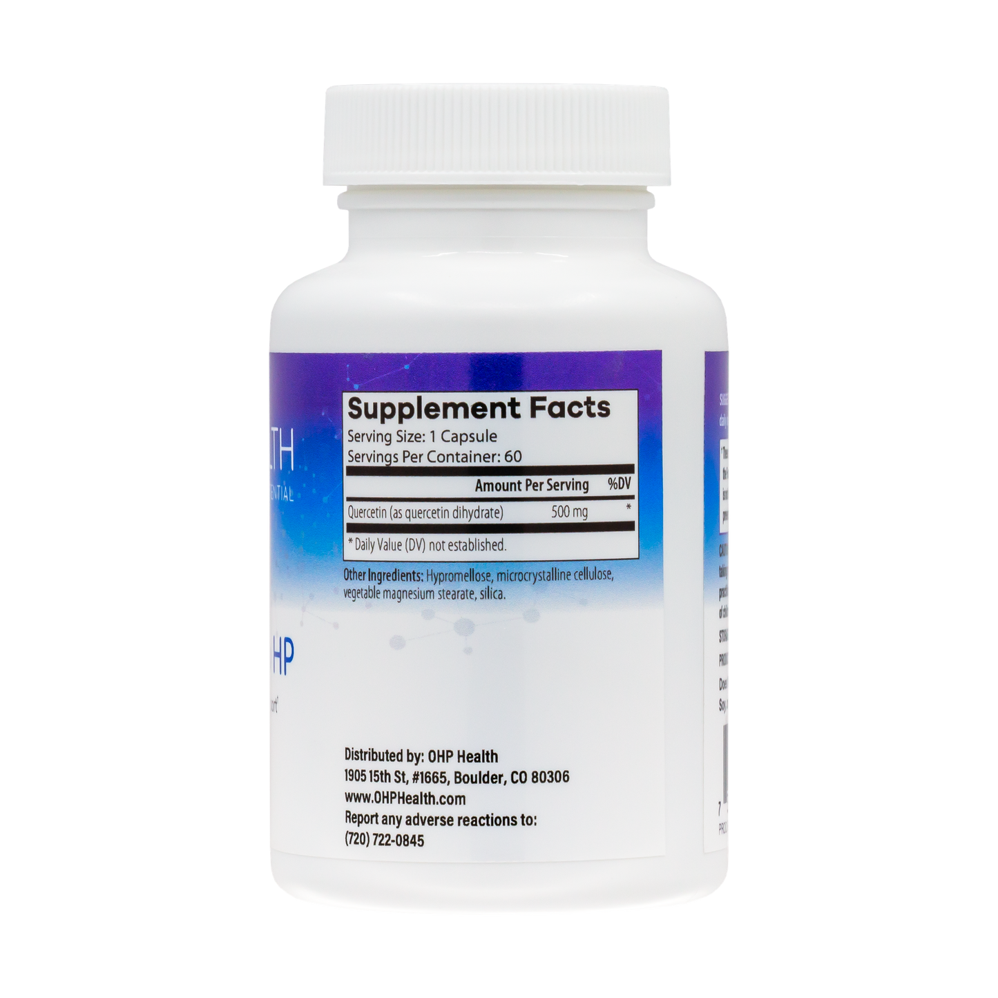 A white bottle of OHP Health Quercetin Pro HP contains 60 capsules designed to support immune health and provide antioxidant benefits, featuring a label with supplement facts, directions, and distributor information.