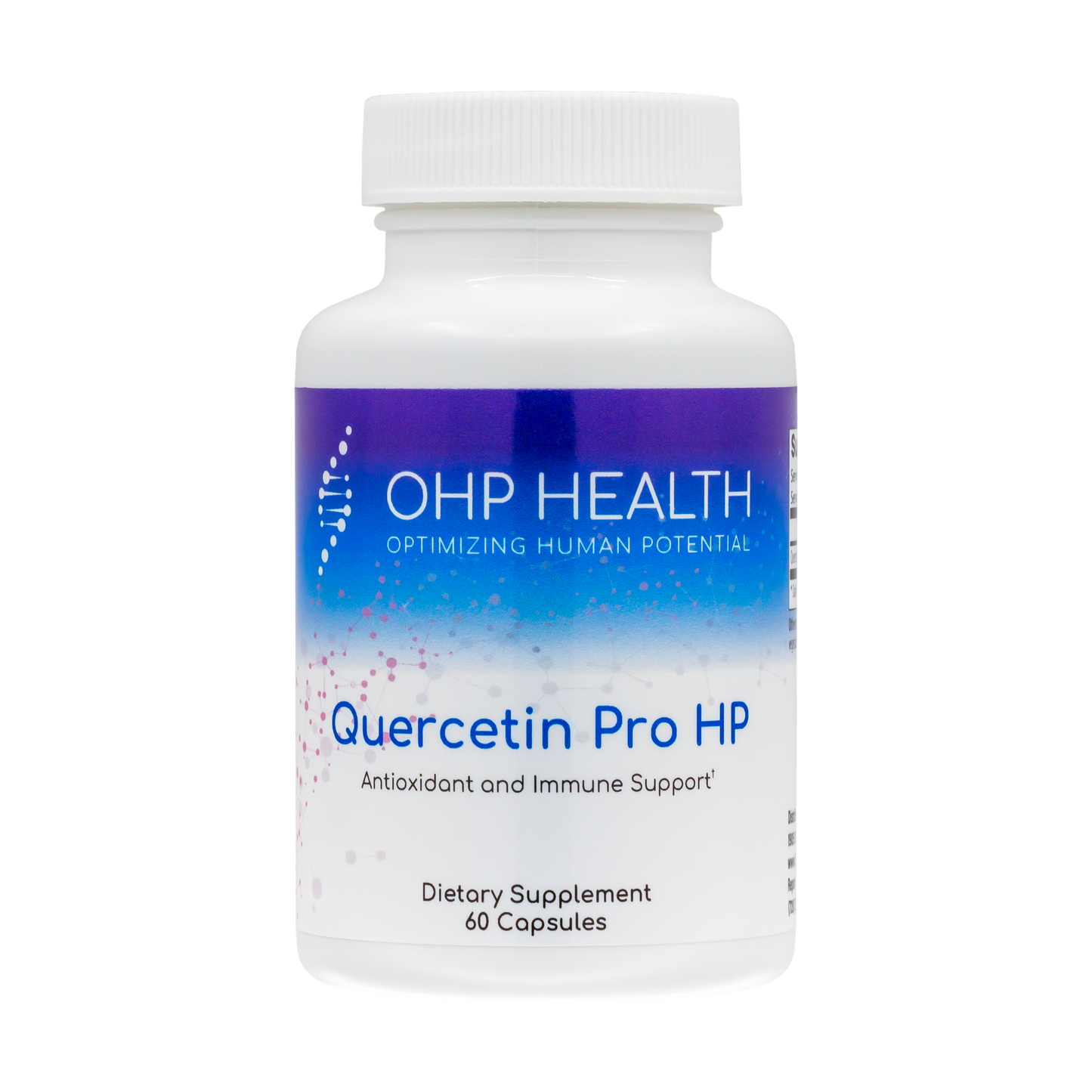 A white bottle labeled "Quercetin Pro HP | 60 Capsules" by OHP Health, a dietary supplement featuring quercetin for antioxidant and immune health support.