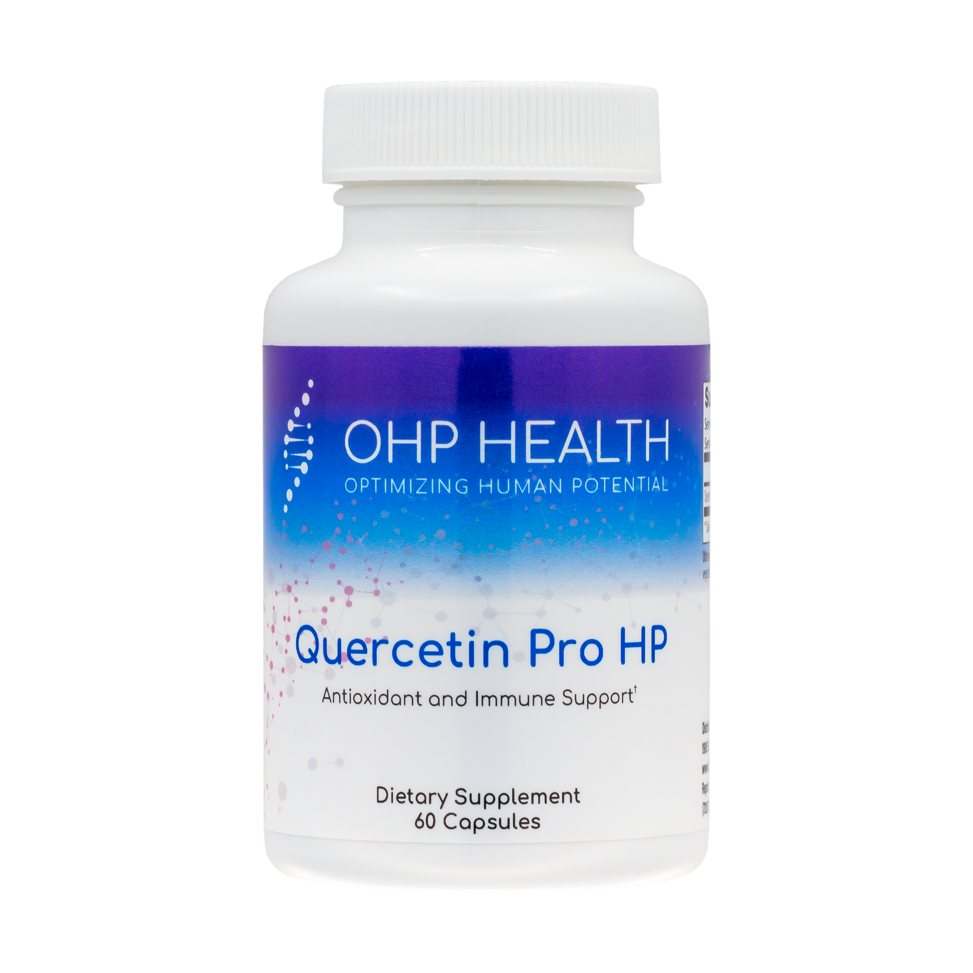 A white bottle labeled "Quercetin Pro HP | 60 Capsules" by OHP Health, a dietary supplement featuring quercetin for antioxidant and immune health support.