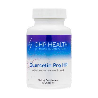 A white bottle labeled "Quercetin Pro HP | 60 Capsules" by OHP Health, a dietary supplement featuring quercetin for antioxidant and immune health support.