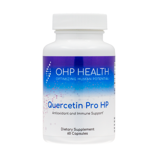 A white bottle labeled "Quercetin Pro HP | 60 Capsules" by OHP Health, a dietary supplement featuring quercetin for antioxidant and immune health support.