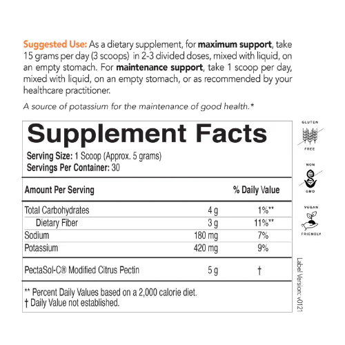 PectaSol Powder by OHP Health: Supplement Facts label shows serving size, ingredients, and daily values. Icons highlight gluten-free, vegan, non-GMO. Features Modified Citrus Pectin for proven total-body benefits; suggested use at the top. 30 servings.