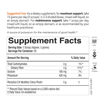 PectaSol Powder by OHP Health: Supplement Facts label shows serving size, ingredients, and daily values. Icons highlight gluten-free, vegan, non-GMO. Features Modified Citrus Pectin for proven total-body benefits; suggested use at the top. 30 servings.