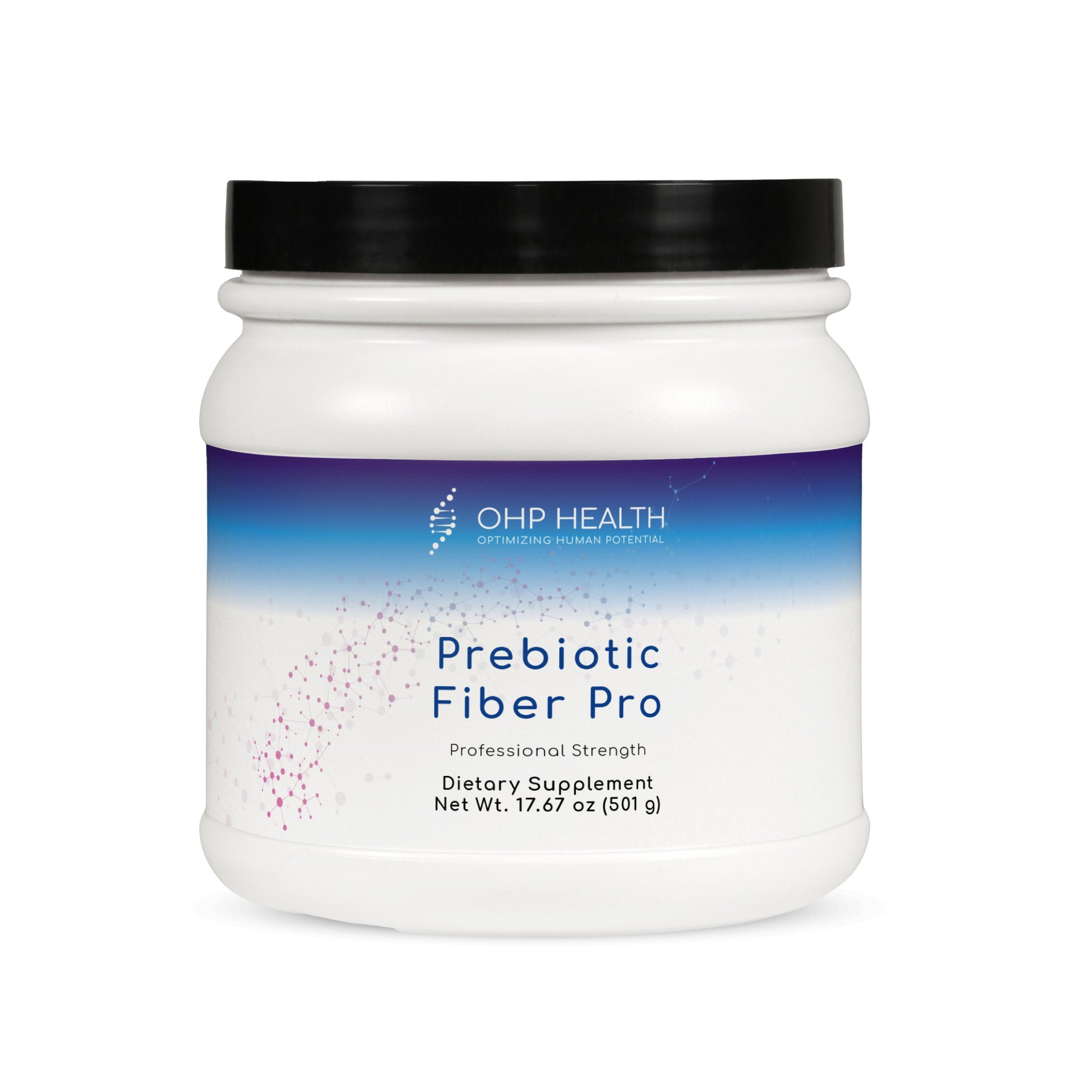 OHP Health Prebiotic Fiber Pro is a white plastic container with a black lid and blue-purple gradient label, containing 17.67 oz (501 g) of prebiotic fiber supplement to support digestive health.