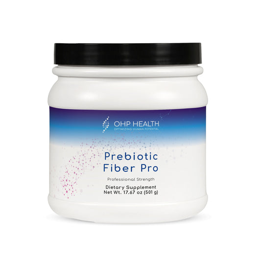 OHP Health Prebiotic Fiber Pro is a white plastic container with a black lid and blue-purple gradient label, containing 17.67 oz (501 g) of prebiotic fiber supplement to support digestive health.