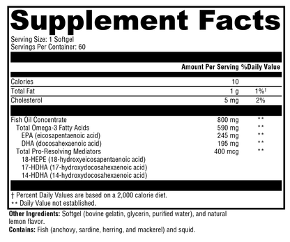 OHP Health SPM Combo Supplement Facts: fish oil softgel with serving size, nutrition info, EPA/DHA levels, concentrated fish oil, softgel capsule, natural lemon flavor. Supports Specialized Pro-Resolving Lipid Mediator Activity.