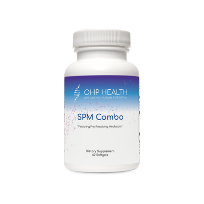 A bottle of SPM Combo dietary supplement by OHP Health contains 60 softgels, designed with EPA and DHA to assist in resolving inflammation with pro-resolving mediators.