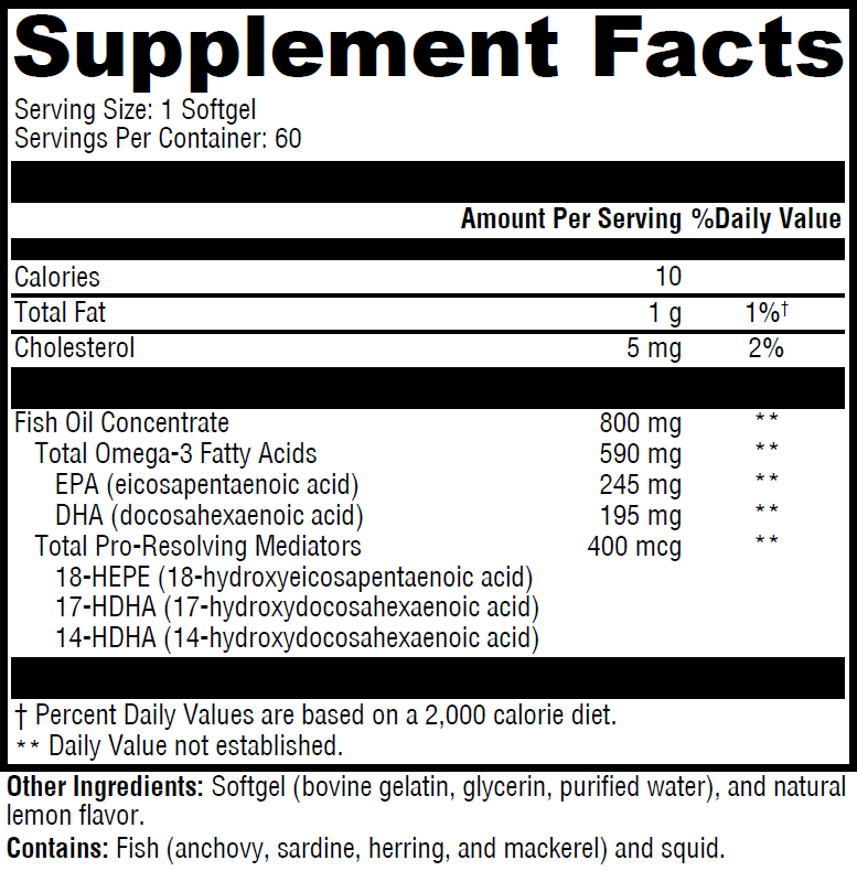 Image of a SPM Combo nutritional supplement facts label displaying serving size, calories, total fat content, and detailed breakdown of omega-3 fatty acids, including EPA and DHA, along with their respective amounts from OHP Health by Longevity Labs Inc.