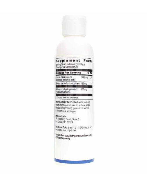 A 5oz white bottle from Empirical Labs displays supplement facts like sodium ascorbate and usage instructions for their Liposomal Vitamin C.