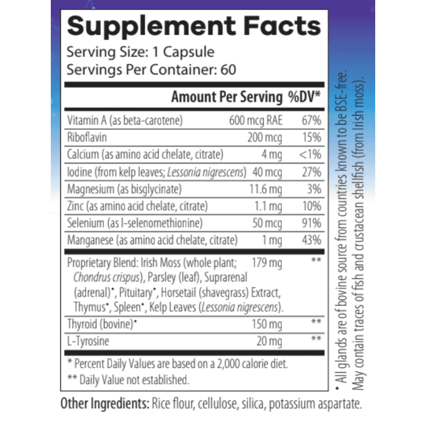 Thyroid HP Pro by OHP Health (60 Capsules) supplement facts label lists vitamins, minerals, proprietary blend per capsule, serving size, % Daily Value, ingredients, plus allergens and ingredient sources.