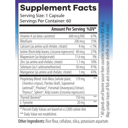 Thyroid HP Pro by OHP Health (60 Capsules) supplement facts label lists vitamins, minerals, proprietary blend per capsule, serving size, % Daily Value, ingredients, plus allergens and ingredient sources.