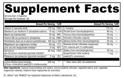 The Adrenal Stressless Supplement Facts label from OHP Health lists serving size, nutrients with amounts and % daily values, featuring vitamins, minerals, botanical extracts, and proprietary blends for energy and metabolic support. 120 count.