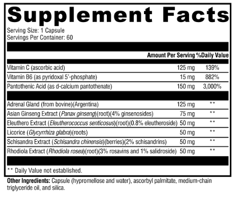 OHP Health Adrenal Support (60 count) Supplement Facts label shows each capsule contains adrenal glandular, vitamins, and adaptogenic herbs, with serving size, listed nutrients, and daily values where applicable.