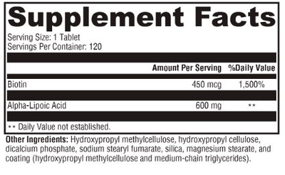 OHP Health Alpha-Lipoic Acid | 120 caps: Each capsule provides 450 mcg Biotin (1500% DV) and 600 mg Alpha-Lipoic Acid for antioxidant support and glucose metabolism (**DV not established); 120 servings per container.