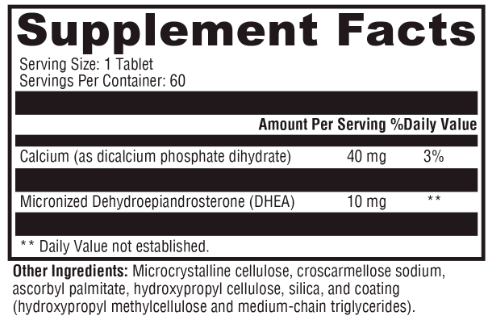 OHP Health DHEA 10mg (Scored), 60 tabs: Supplement Facts list a serving size of 1 tablet, 60 servings per container, with 40 mg calcium and 10 mg micronized DHEA per serving—formulated to support hormonal balance.
