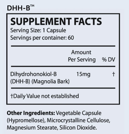 OHP Health DHH-B Magnolia Bark supplement provides 15mg dihydrohonokiol-B per capsule, with 60 capsules per bottle. Includes other ingredients and may support anti-anxiety benefits.