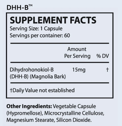 OHP Health DHH-B Magnolia Bark supplement provides 15mg dihydrohonokiol-B per capsule, with 60 capsules per bottle. Includes other ingredients and may support anti-anxiety benefits.