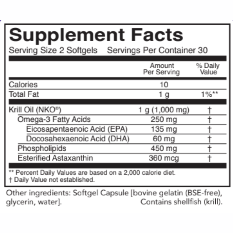 OHP Health Krill Oil HP (60 count) Supplement Facts label highlights omega-3s (EPA, DHA), phospholipids, astaxanthin, calories, total fat per serving, plus detailed ingredient information.