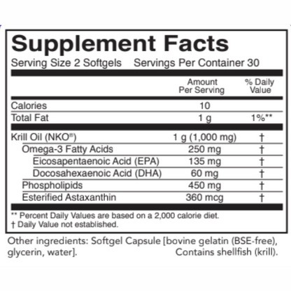 OHP Health Krill Oil HP (60 count) Supplement Facts label highlights omega-3s (EPA, DHA), phospholipids, astaxanthin, calories, total fat per serving, plus detailed ingredient information.