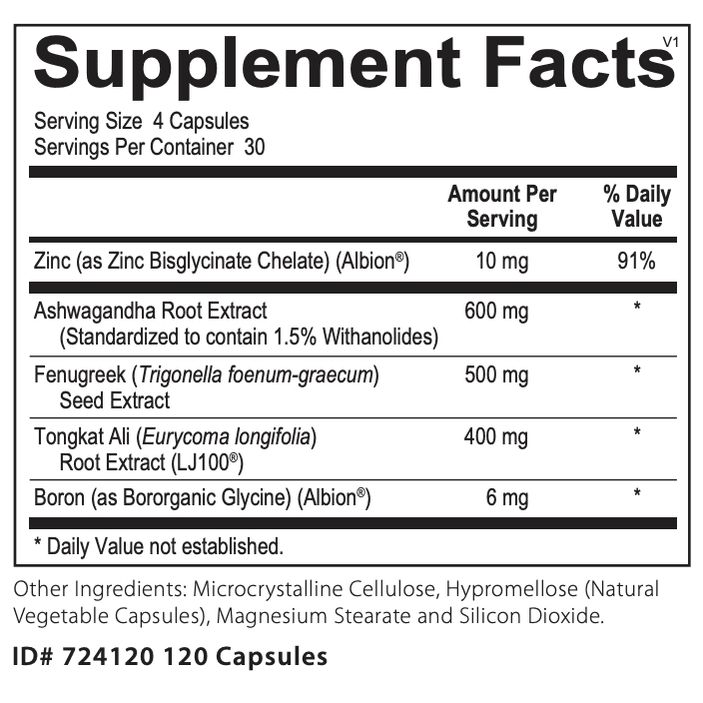 The Advanced Testosterone Support by OHP Health features a Supplement Facts label with a serving size of 4 capsules (30 servings), listing zinc, ashwagandha, fenugreek, Tongkat Ali, and boron for male hormone support with their amounts and % Daily Values.
