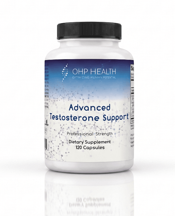 A white bottle labeled "OHP Health Advanced Testosterone Support | 120 Capsules" offers dietary supplement capsules designed for testosterone regulation and male hormone support.