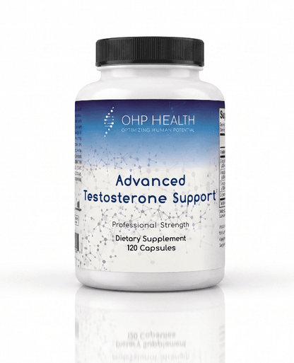A white bottle labeled "OHP Health Advanced Testosterone Support | 120 Capsules" offers dietary supplement capsules designed for testosterone regulation and male hormone support.