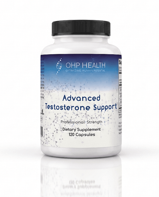 A white bottle labeled "OHP Health Advanced Testosterone Support | 120 Capsules" offers dietary supplement capsules designed for testosterone regulation and male hormone support.
