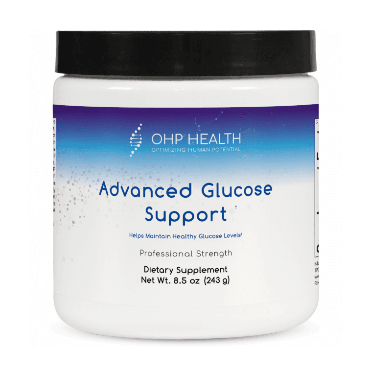 A white jar of OHP Health Advanced Glucose Support, 8.5 oz (30 servings), features a blue and white design with a black lid, formulated to support glucose and metabolic health.