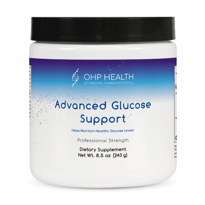 A white jar of OHP Health Advanced Glucose Support, 8.5 oz (30 servings), features a blue and white design with a black lid, formulated to support glucose and metabolic health.