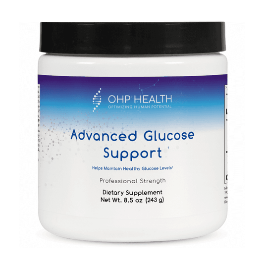 A white jar of OHP Health Advanced Glucose Support, 8.5 oz (30 servings), features a blue and white design with a black lid, formulated to support glucose and metabolic health.