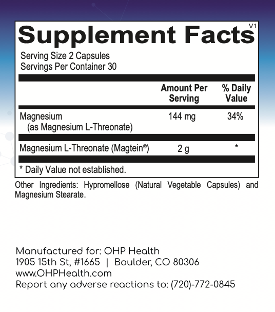 Label for MindMag by OHP Health, featuring ingredient details and daily values. Supports cognitive function and brain health. Includes contact information. 60 capsules per bottle.