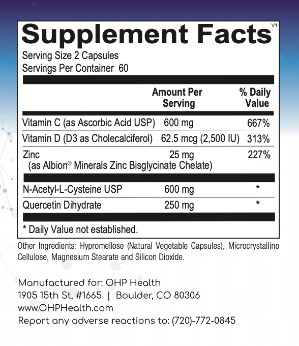 The Supplement Facts label for OHP Health's ImmunePRO, which includes 120 capsules, emphasizes vital ingredients such as Vitamin C, Vitamin D3, Zinc, and N-Acetyl-L-Cysteine. Quercetin dihydrate is featured for its antioxidant benefits, offering crucial immune support alongside additional inactive components.