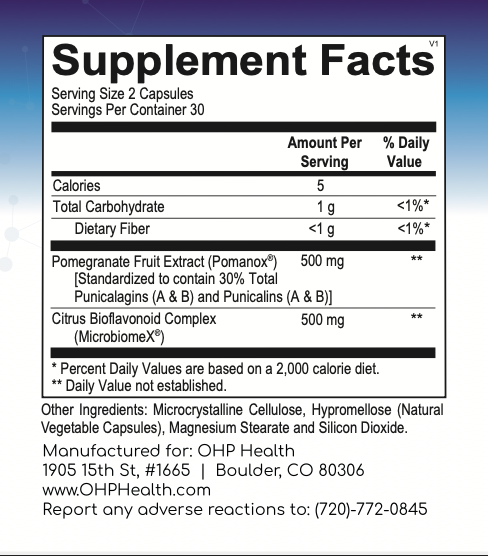 The Supplement Facts label for Butyrate Boost by OHP Health highlights 500 mg of Pomegranate Fruit Extract and 500 mg of Citrus Bioflavonoid Complex per serving, formulated to support gut health. For more information, contact OHP Health in Boulder, CO.